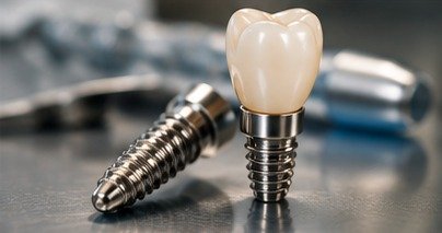 Close-up of a dental implant with abutment and crown
